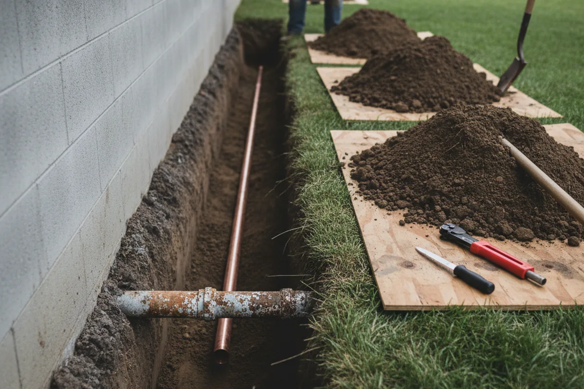 Excavated water line trench during Water Softener Installation in Saint Catharine